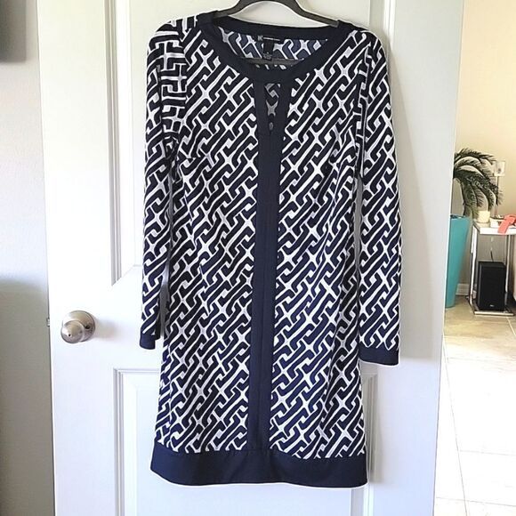 INC International Concepts Navy and White Geo Long Sleeve Stretch Dress - Medium - Picture 2 of 16